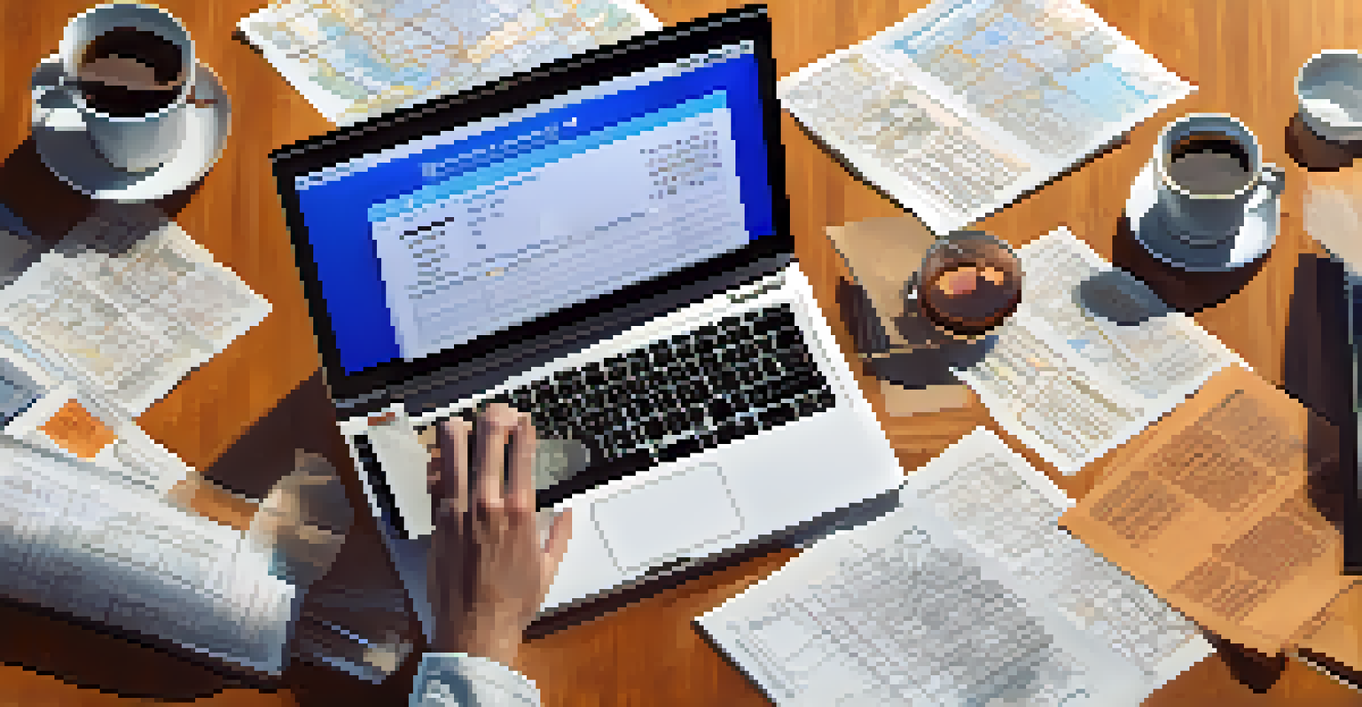 A close-up of an investor's hands reviewing documents with property images, a laptop, and a calculator on a table.
