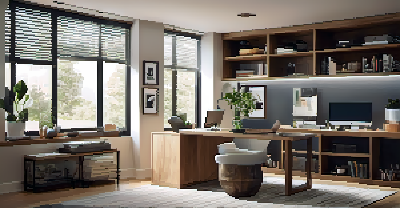 A modern home office nook within an open floor plan, featuring a sleek desk and layered lighting.