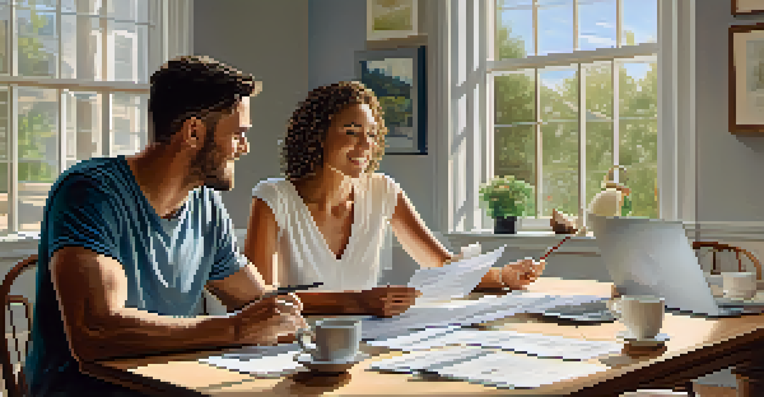 A couple discussing financial goals and planning at a dining table with documents and a laptop.