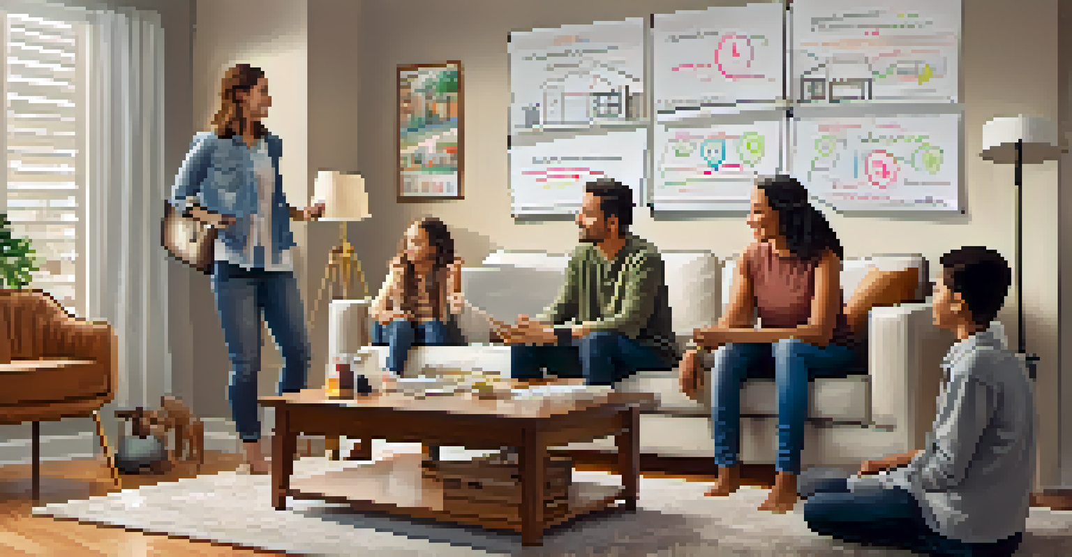 A family in a living room discussing home security, with a whiteboard and laptop present, illustrating collaboration for safety.