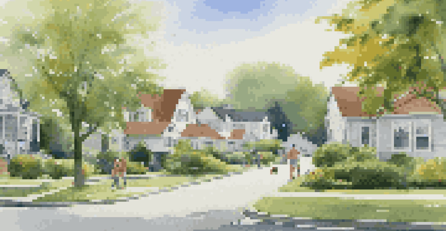 A calm suburban street with families and lush greenery, featuring a reputable school in the background under a clear blue sky.