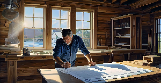A contractor closely examining blueprints on a wooden table with tools in the background, illuminated by natural light.