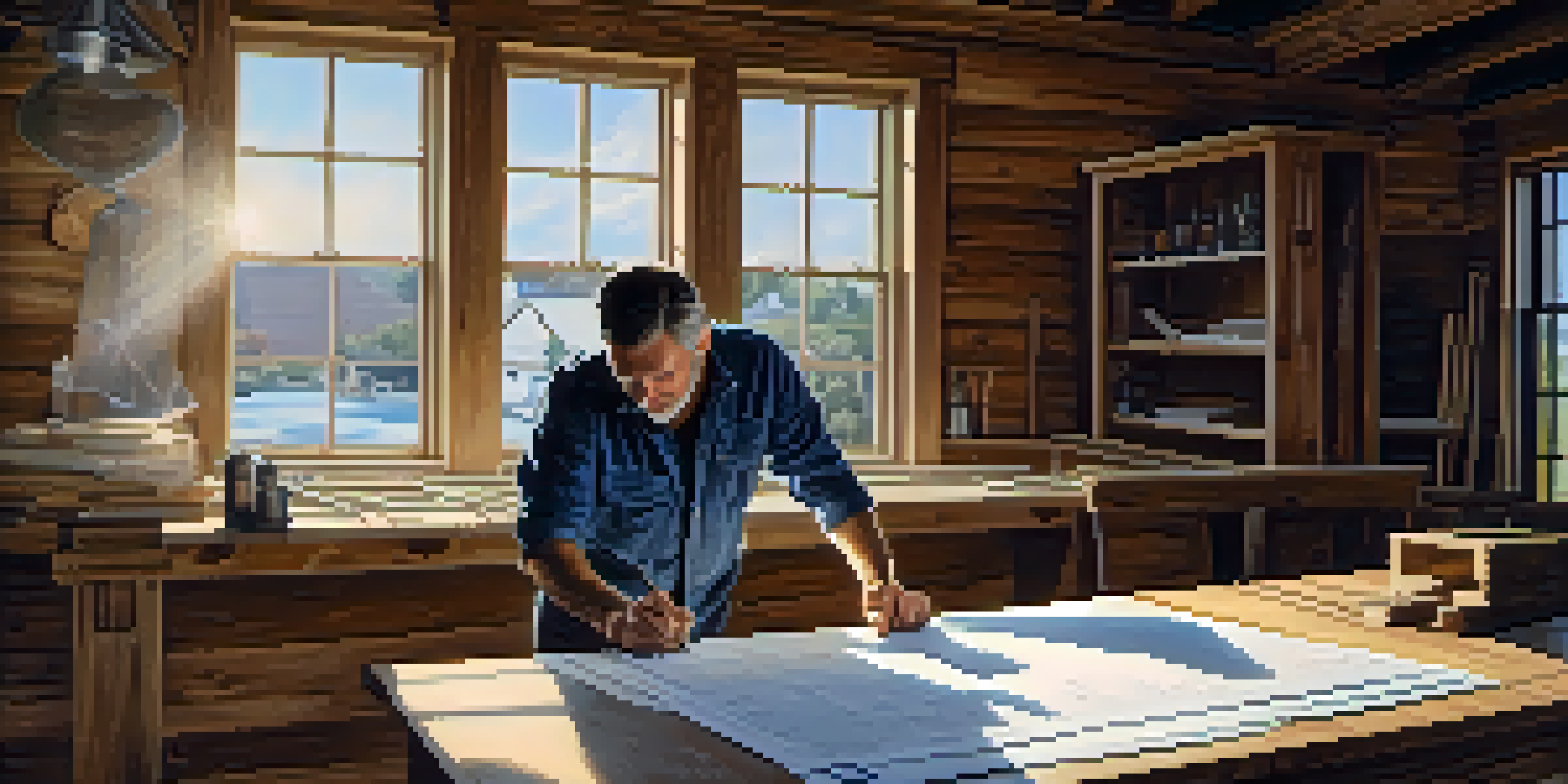 A contractor closely examining blueprints on a wooden table with tools in the background, illuminated by natural light.