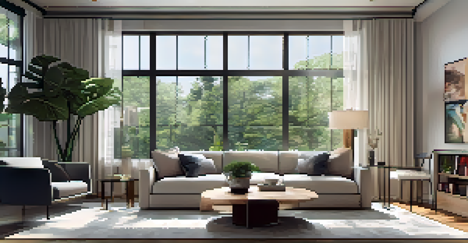 A modern and stylish living room filled with natural light and decorated with plants and artwork.