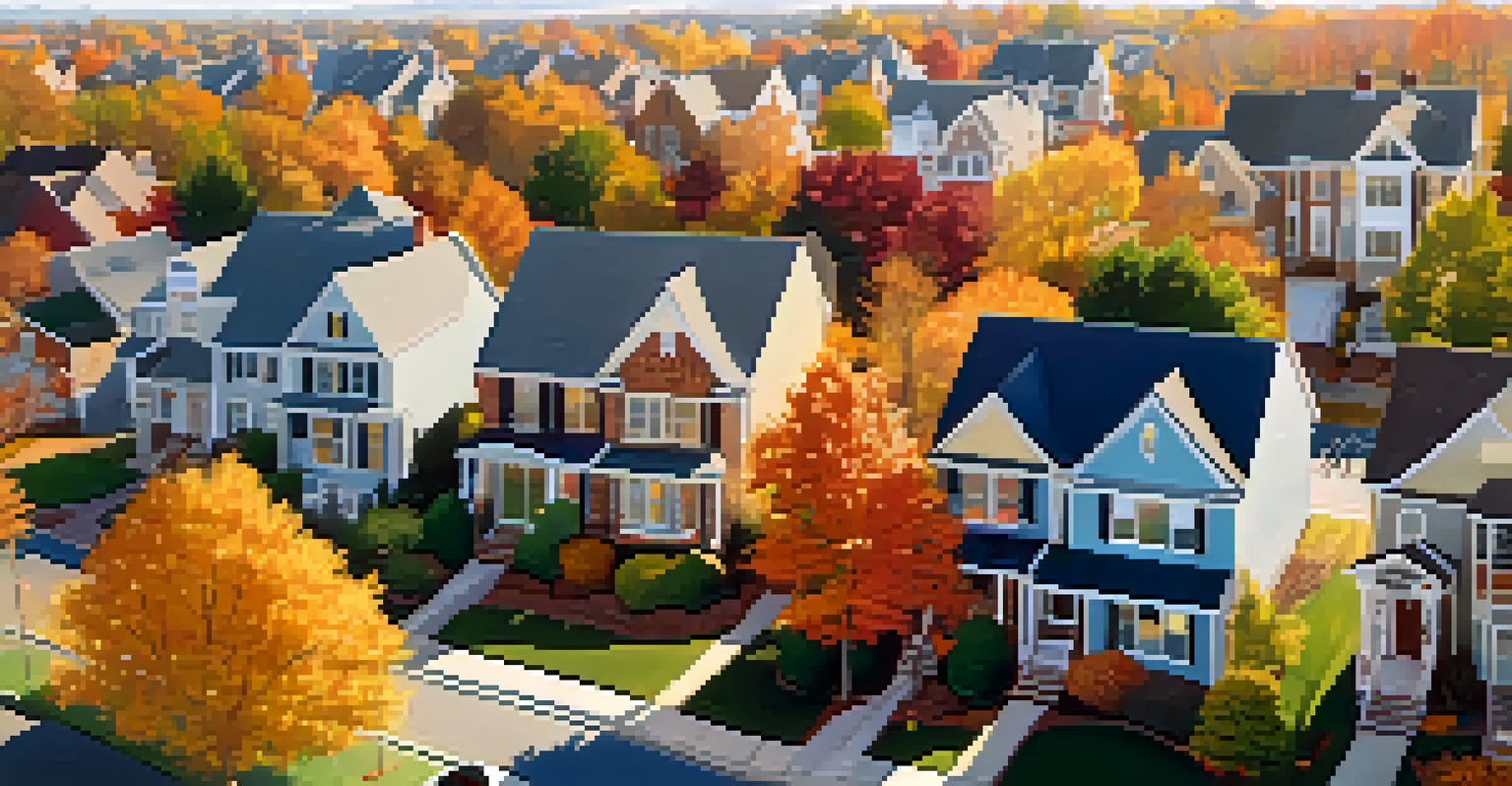 An aerial view of a neighborhood in fall, showing houses with colorful roofs and seasonal decorations amidst vibrant autumn leaves.