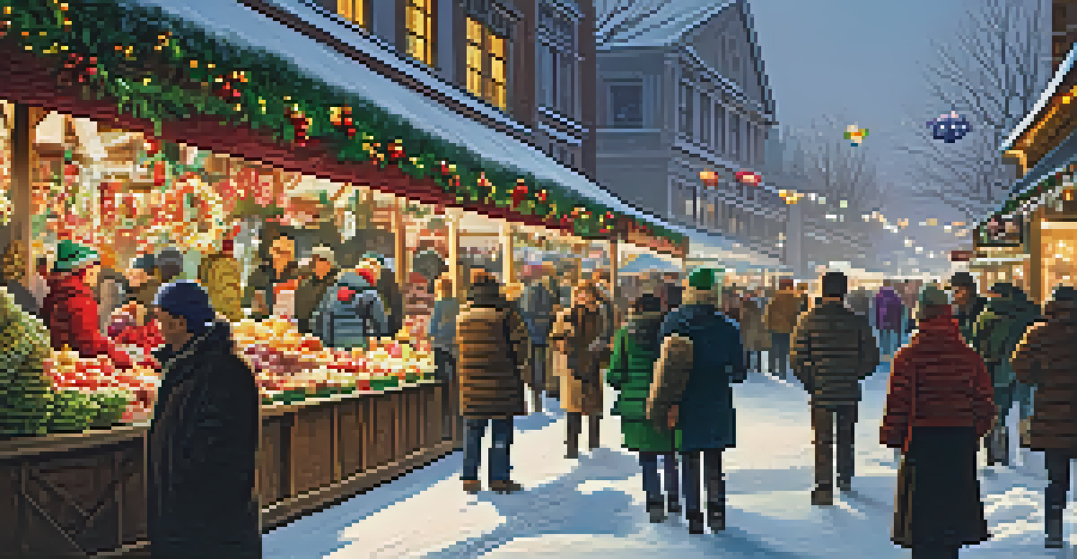 A vibrant winter market decorated for the holidays, with people shopping and snow falling in a festive scene.
