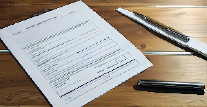 An organized tenant application form on a wooden desk with a pen, illuminated by natural light.