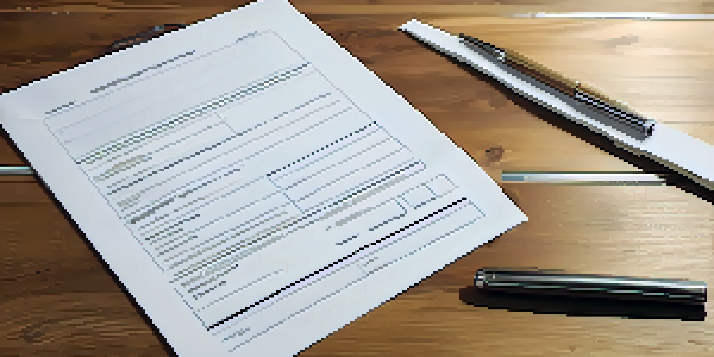 An organized tenant application form on a wooden desk with a pen, illuminated by natural light.