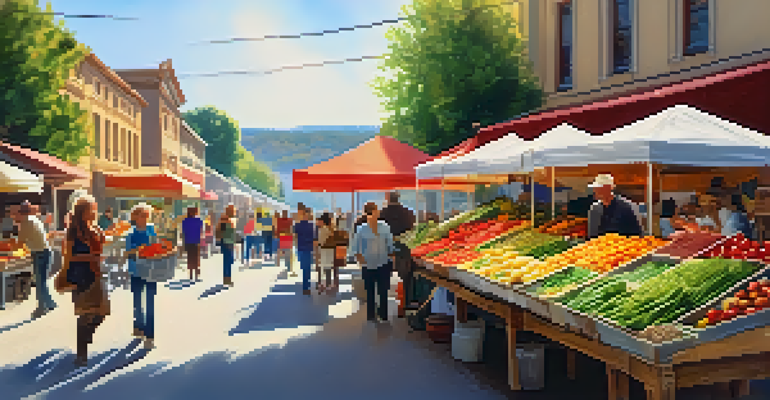 A bustling farmers' market with colorful produce, shoppers, and a musician in a sunny outdoor setting.