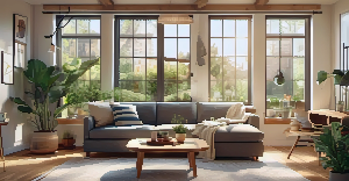A cozy living room with natural light, energy-efficient appliances, and warm wooden accents, highlighting a smart thermostat.