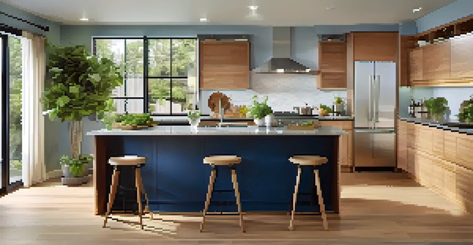 A modern kitchen with a large multi-level island, sleek granite countertop, stylish bar stools, and natural light illuminating the space.