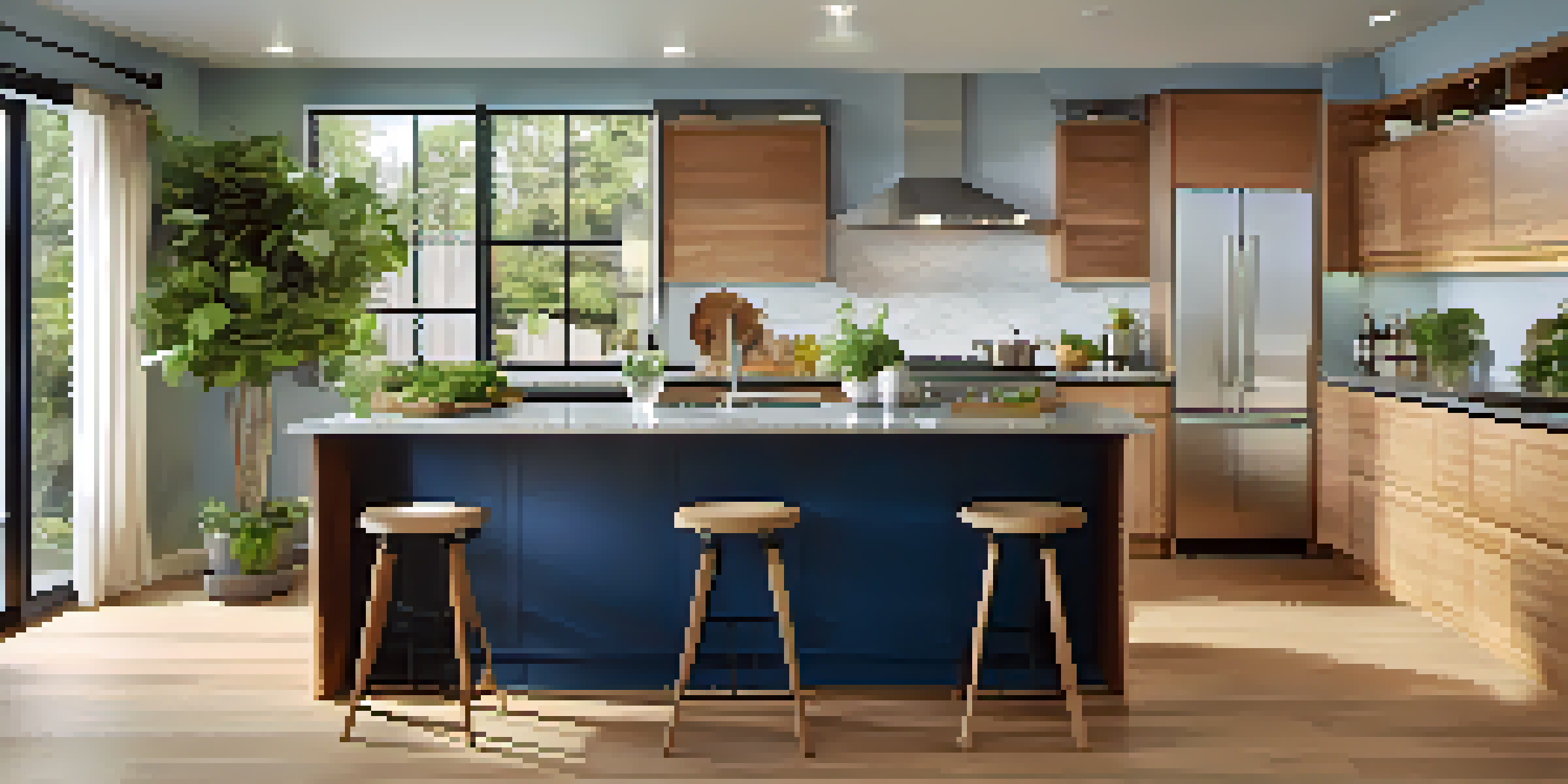 A modern kitchen with a large multi-level island, sleek granite countertop, stylish bar stools, and natural light illuminating the space.