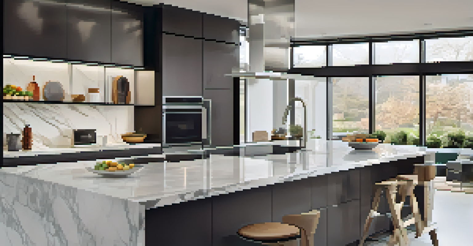 A modern kitchen with smart technology, stainless steel appliances, and a clean marble countertop illuminated by bright LED lighting.
