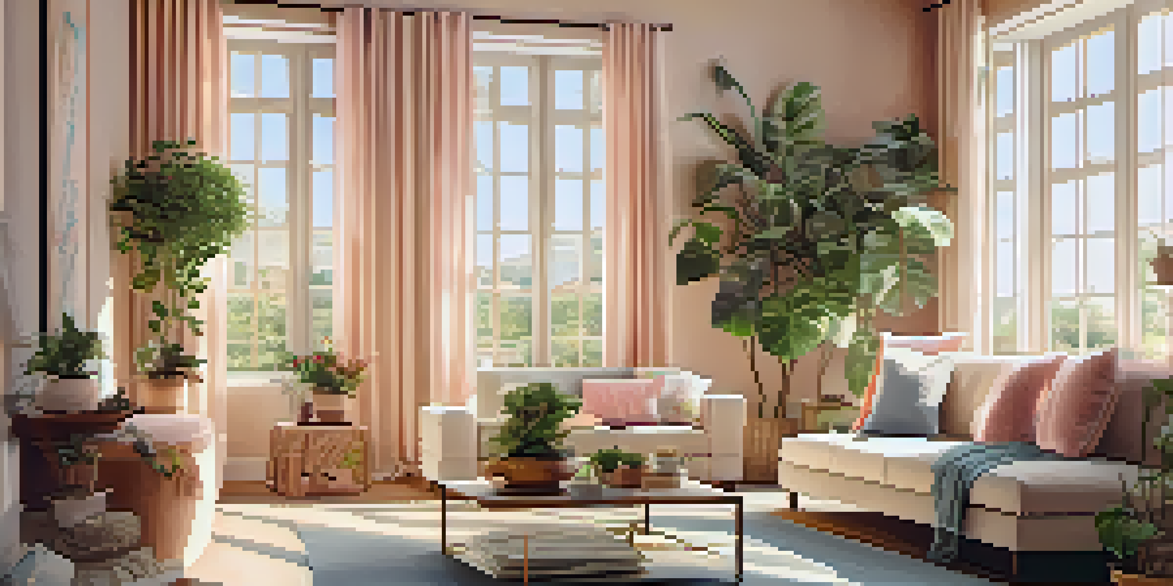 A bright living room with large windows, light-colored furniture, and an ornate mirror reflecting sunlight, along with potted plants.