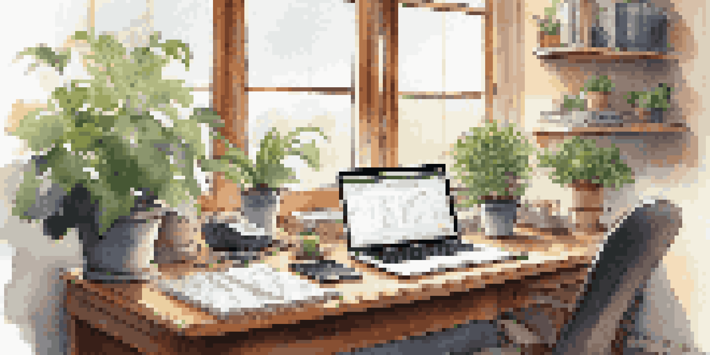 A bright home office with a laptop, calculator, and notes on tax deductions, illuminated by sunlight through the windows.