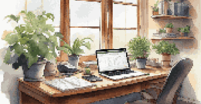 A bright home office with a laptop, calculator, and notes on tax deductions, illuminated by sunlight through the windows.