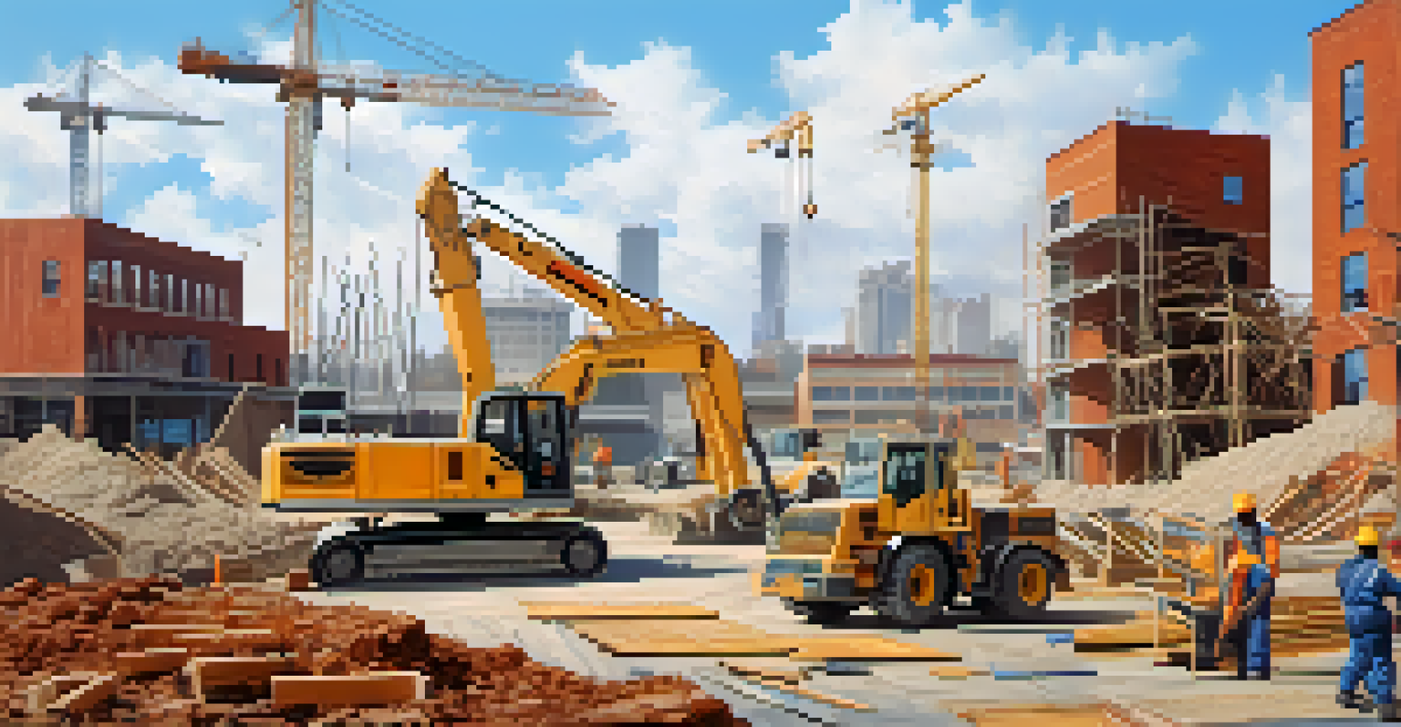 A construction site in an urban area, showing workers rebuilding homes after a disaster, with cranes and heavy machinery in the scene.