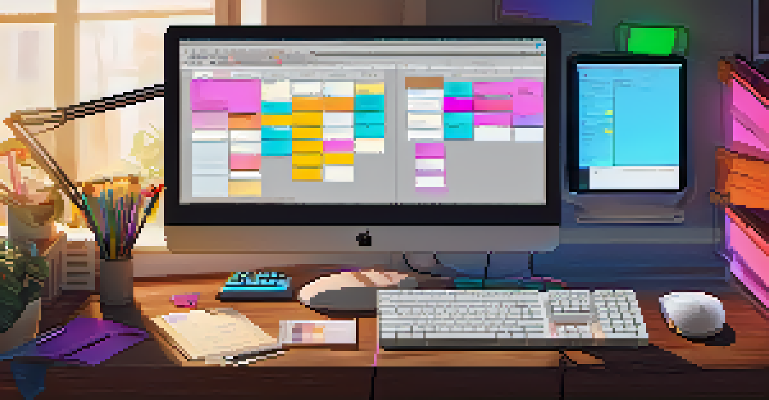 A detailed view of a workspace featuring an external monitor, mechanical keyboard, and wireless mouse, with a desk lamp providing soft illumination.