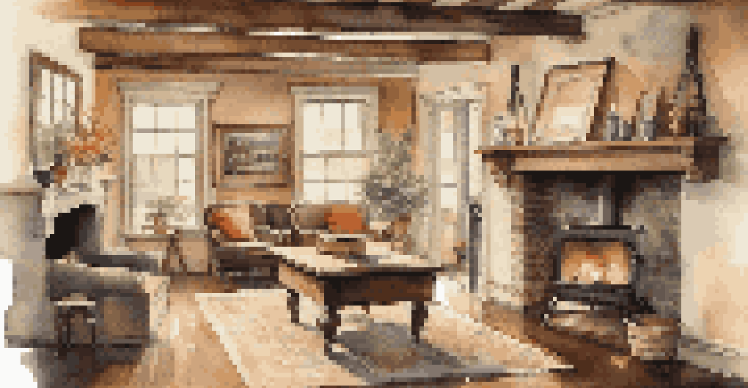 The interior of a restored historic home with wooden beams, vintage furniture, and a rustic fireplace, illuminated by natural light.