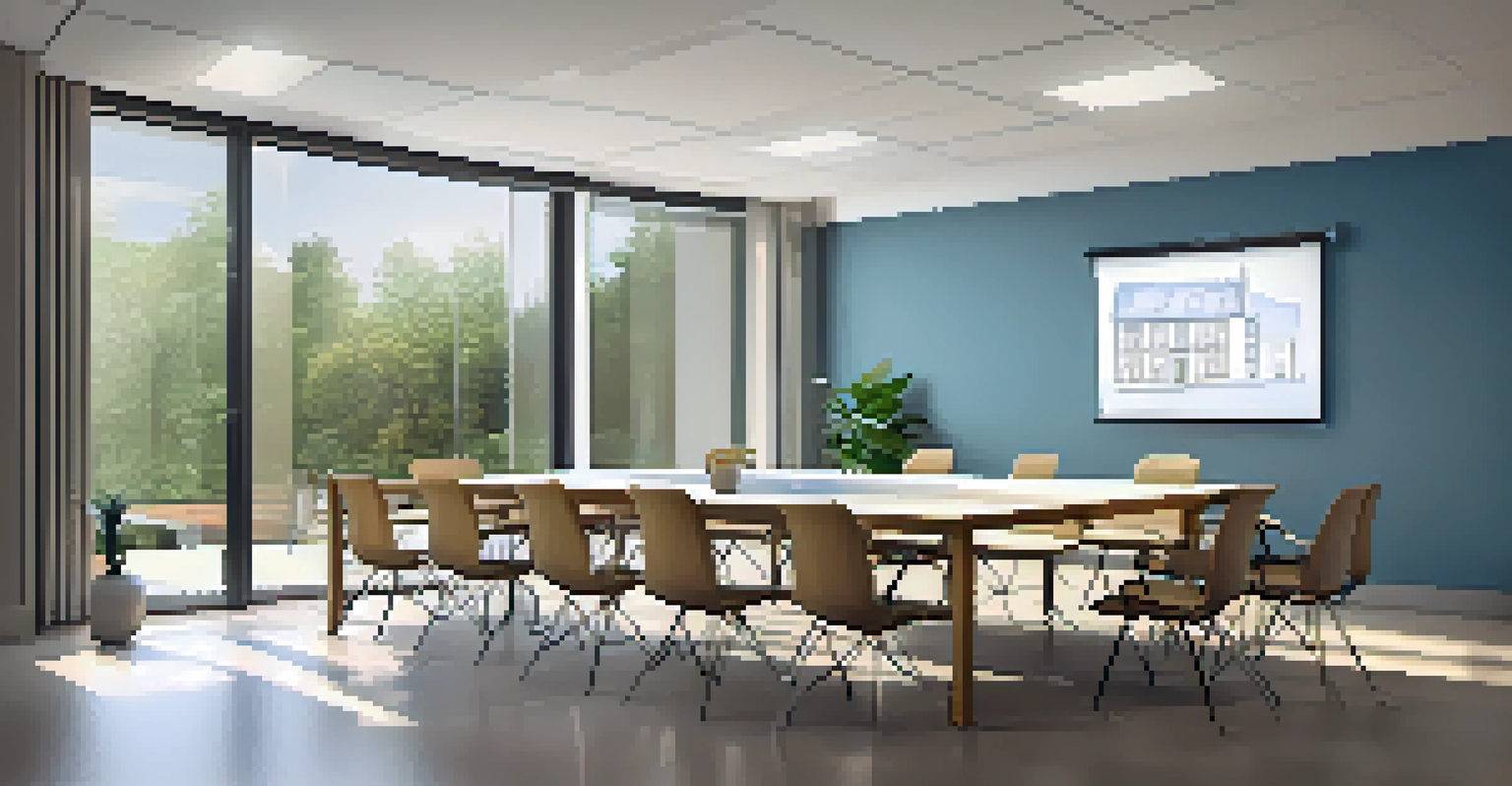 A meeting room where a homeowner discusses property assessment with a local assessor, featuring charts and a bright, collaborative environment.