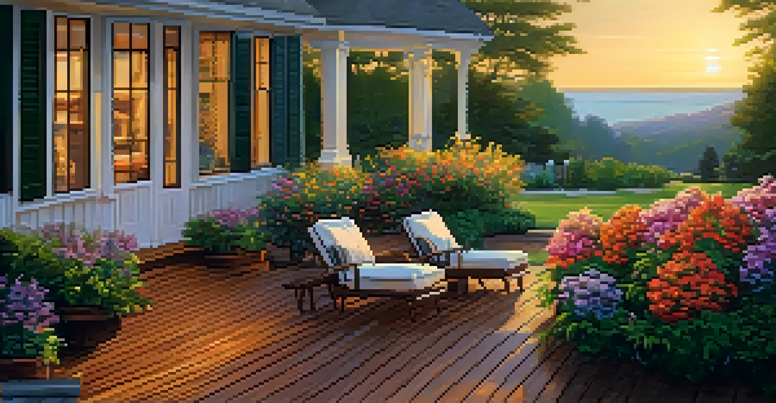 A landscaped garden with colorful flowers and a wooden deck illuminated by the warm glow of sunset.