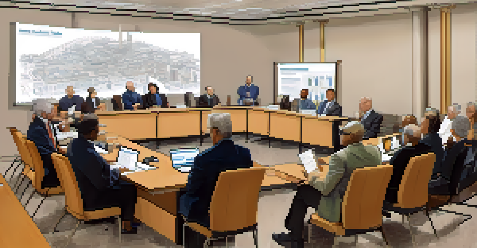 A zoning board meeting with board members at a table discussing a proposed development plan, and community members listening in the audience.