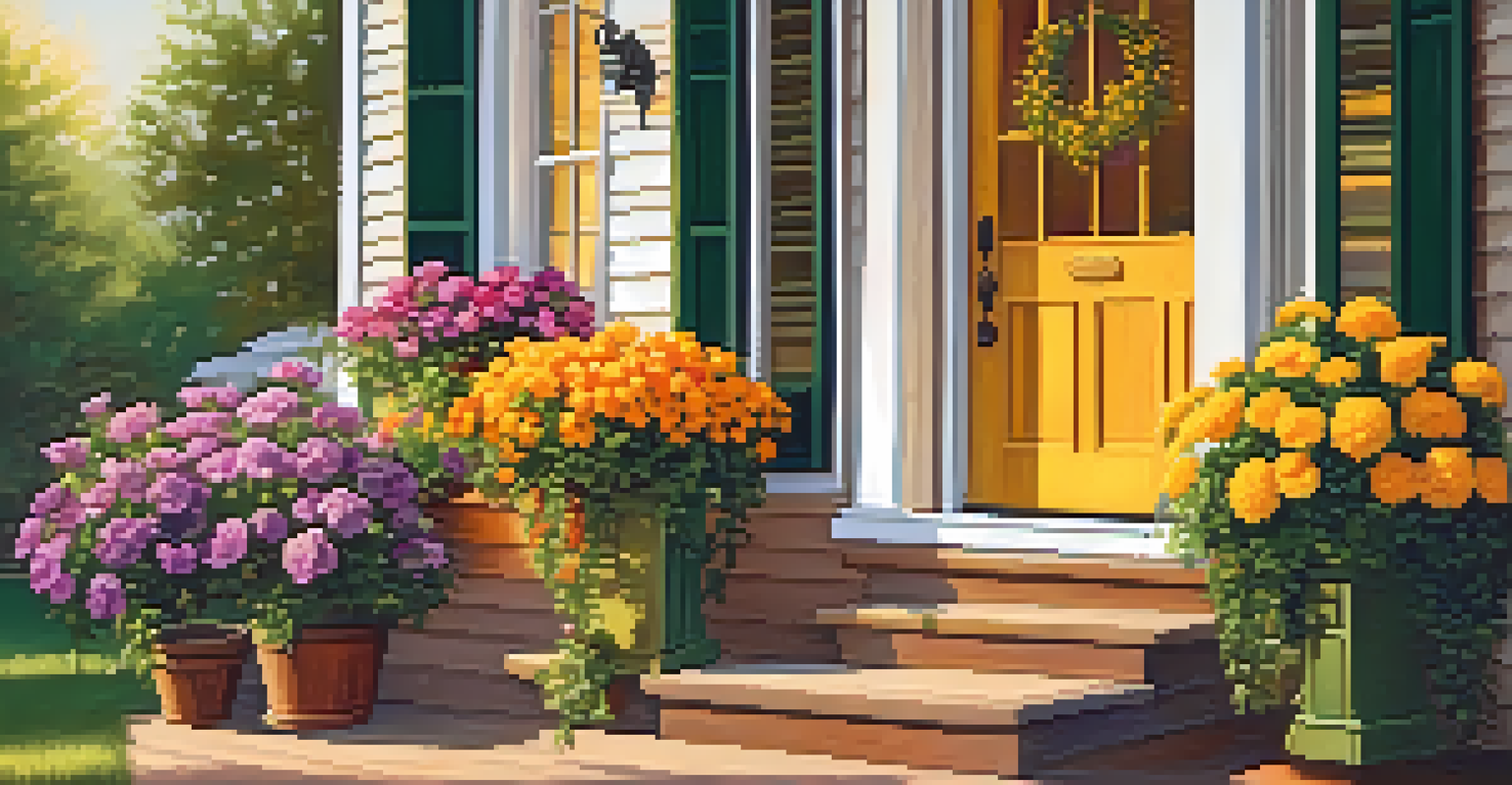 A cozy porch with vibrant seasonal flowers in window boxes and hanging baskets, illuminated by warm golden hour light.