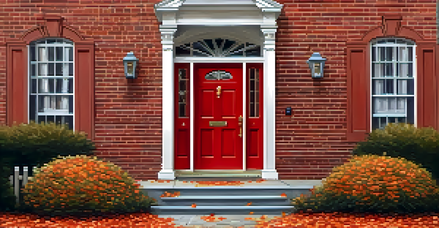 A classic red front door with white trim on a brick house, featuring a knocker and a welcome mat, surrounded by autumn leaves.
