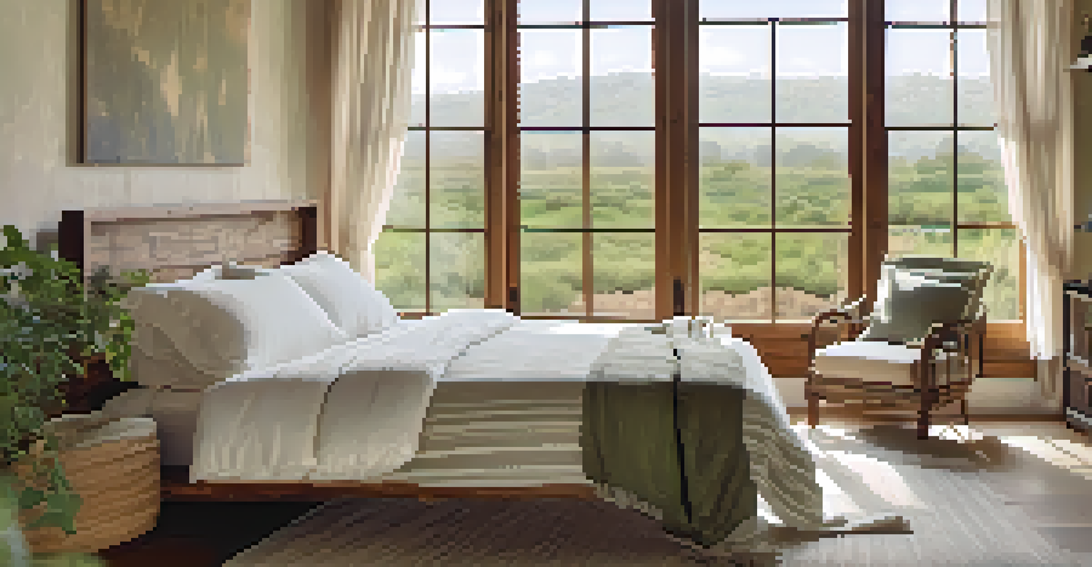 A serene bedroom featuring hemp-based textiles, a reclaimed wood bed frame, and a large window with a view of greenery, providing a calming atmosphere.