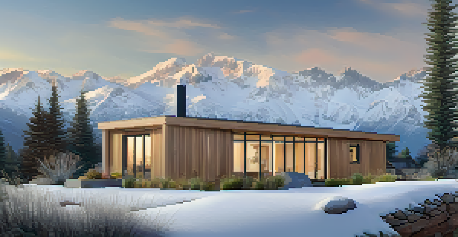A minimalist Passive House with large windows and timber cladding, surrounded by native plants and a vegetable garden, against a mountain backdrop.