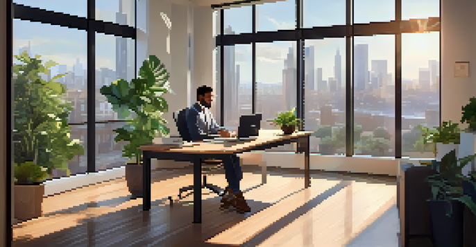 A professional in a well-lit office having a video call, with a city view and plants around.