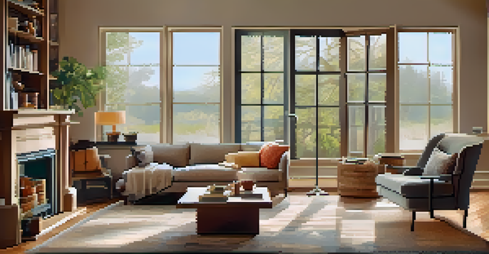 A warm and inviting living room with a sofa, coffee table, and natural light coming through the window, showcasing a home warranty brochure on the table.
