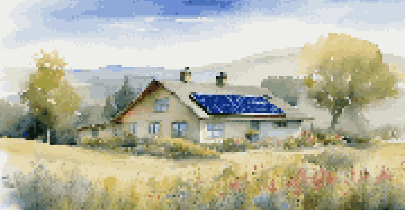 An eco-friendly home in a rural setting with hills and wildflowers, showcasing sustainability.