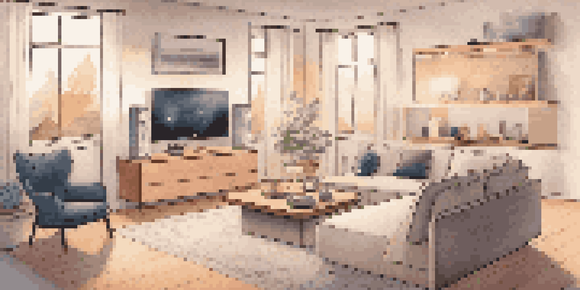 A modern living room showcasing smart home automation with smart lights, a thermostat, and various devices, all in a cozy minimalist setting.