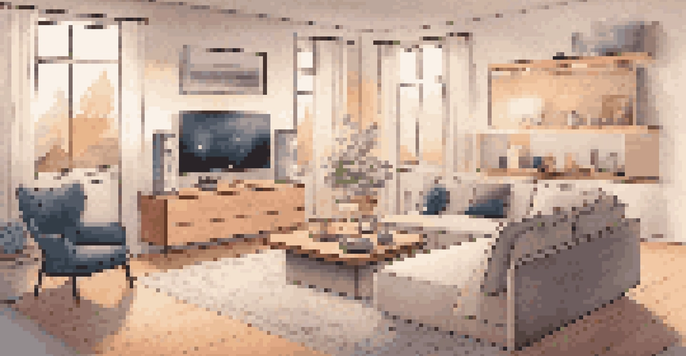 A modern living room showcasing smart home automation with smart lights, a thermostat, and various devices, all in a cozy minimalist setting.