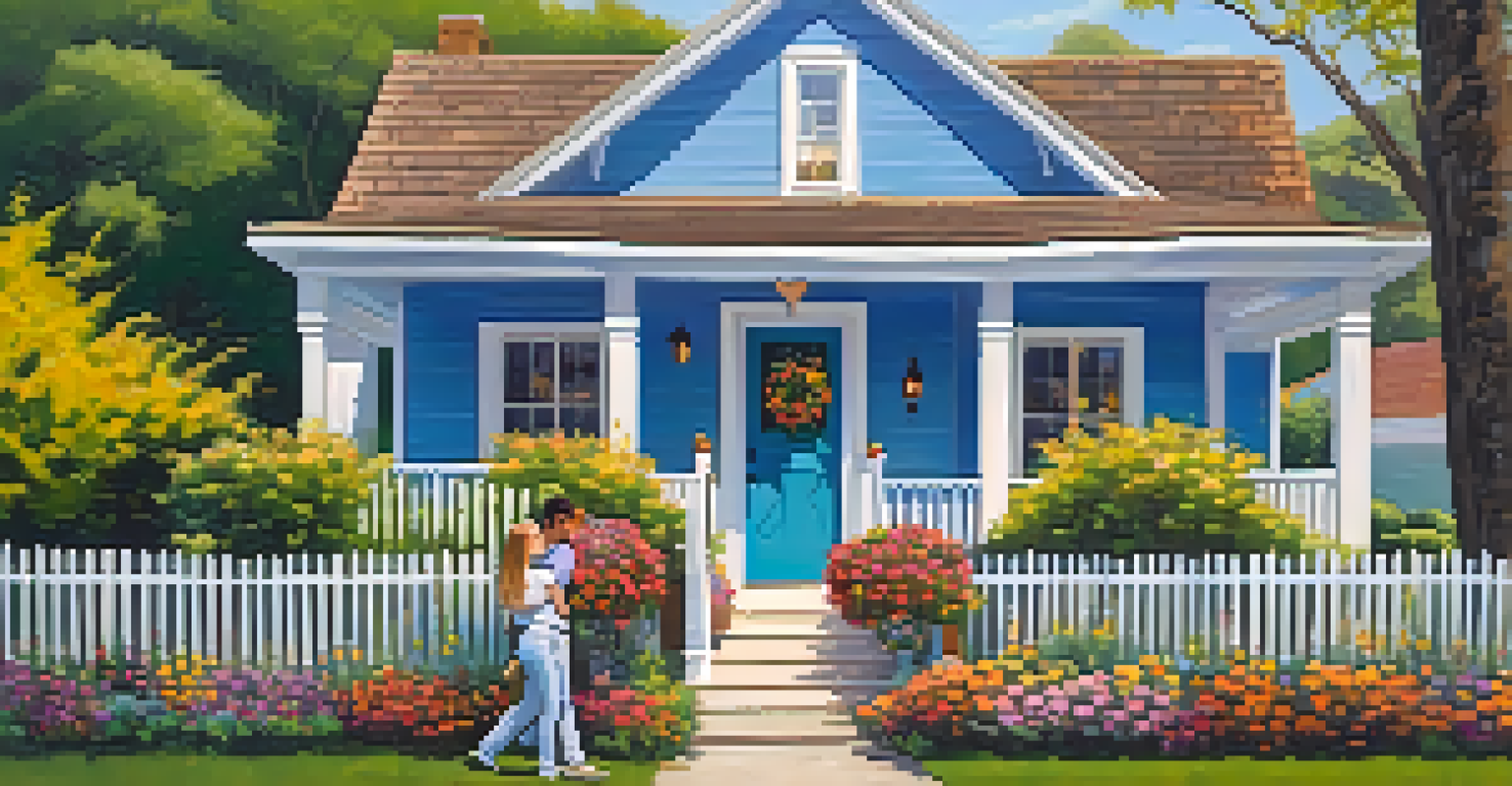 A joyful couple in front of their new home with a 'Sold' sign, surrounded by flowers and a bright sky.