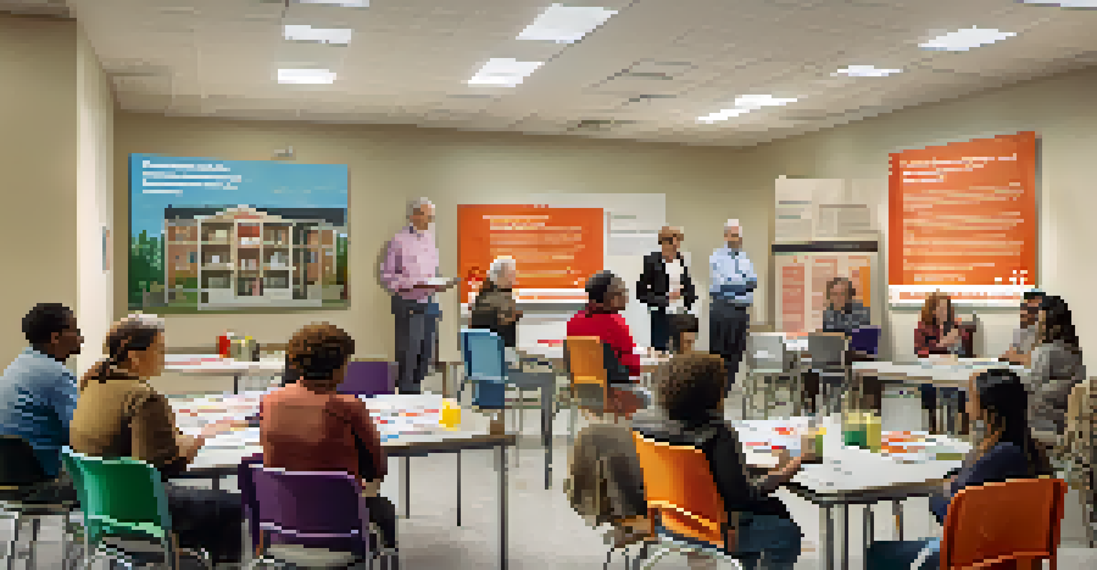 Residents participating in a community emergency preparedness workshop in a common area, fostering a sense of safety and collaboration.