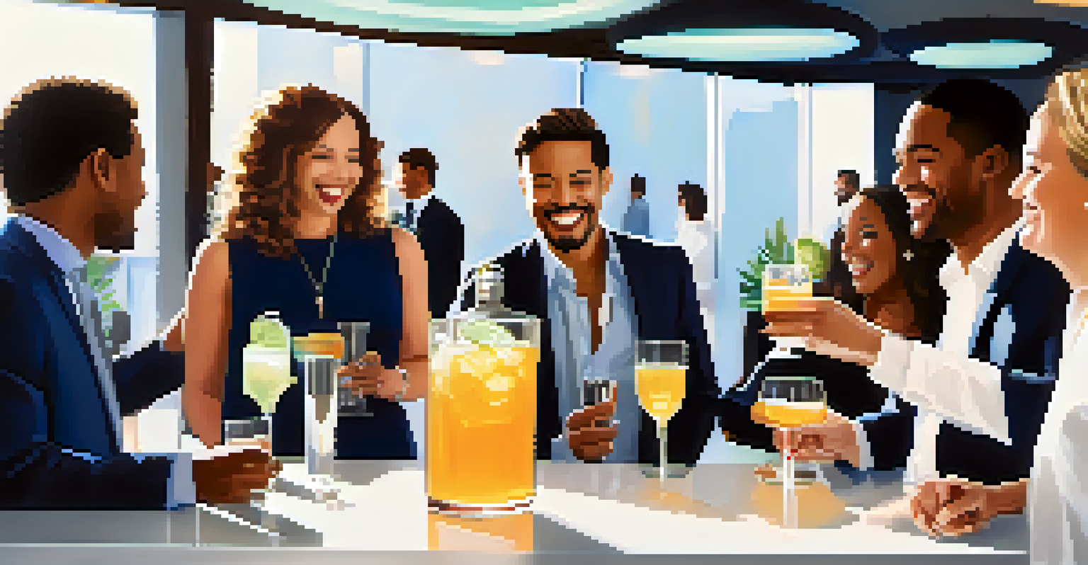 A vibrant networking event with real estate professionals talking and exchanging business cards in a stylish venue.