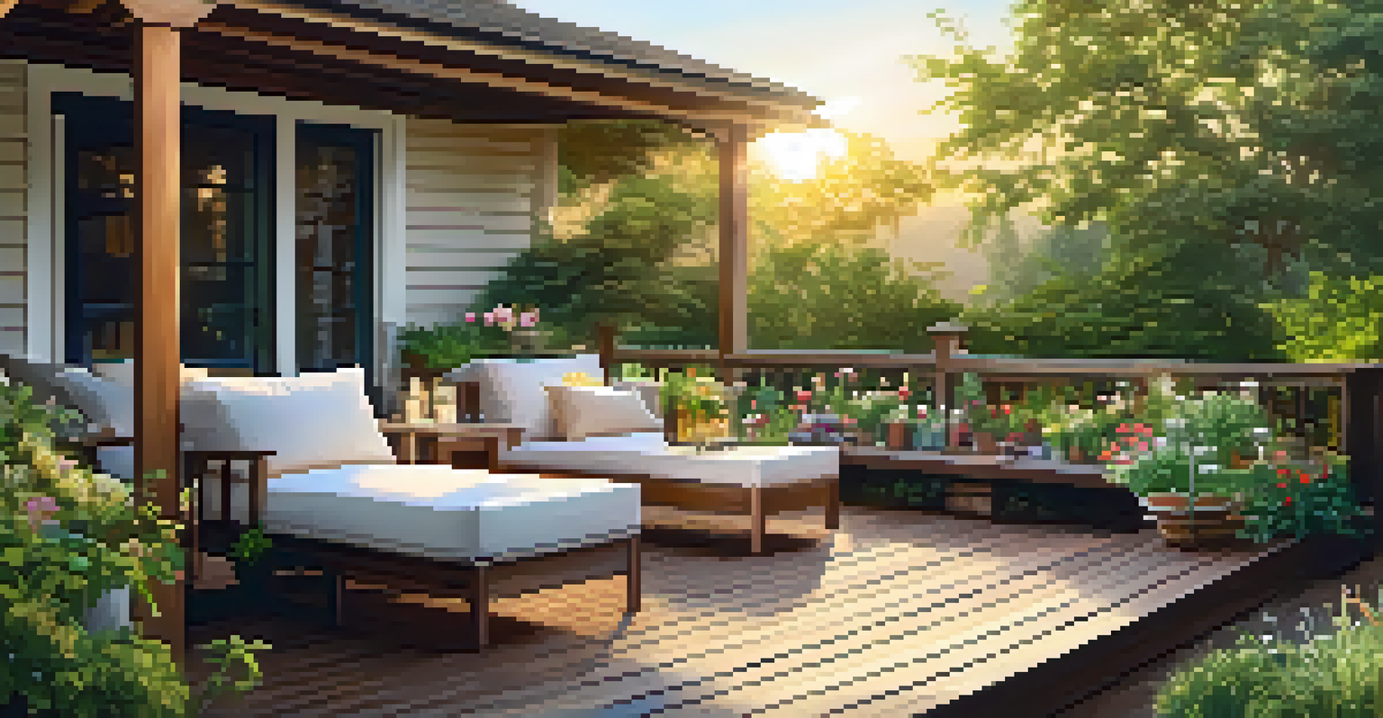 An outdoor deck made of recycled materials surrounded by greenery, glowing in sunset light.
