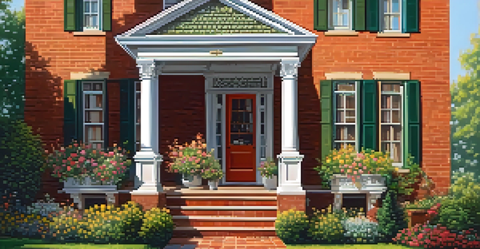 A historic home with detailed architecture and a vibrant garden under sunlight.