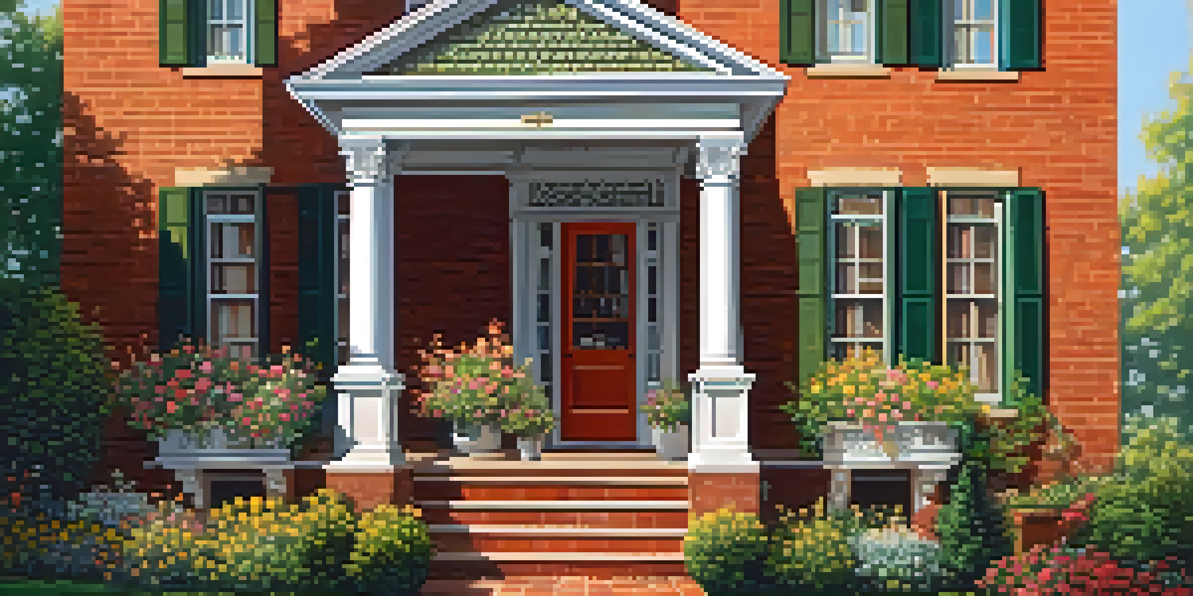 A historic home with detailed architecture and a vibrant garden under sunlight.