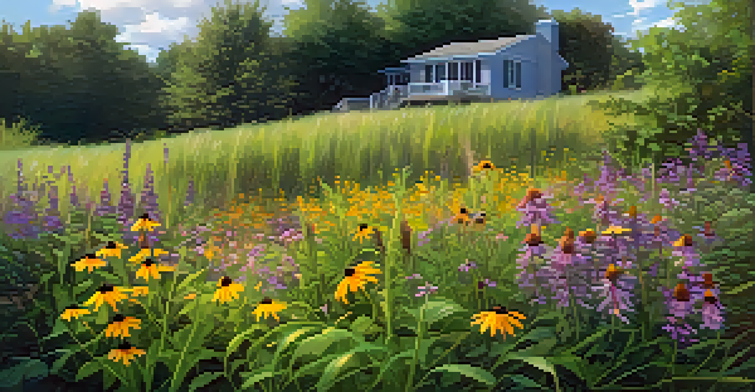 A rain garden featuring colorful native wildflowers and grasses, designed to capture rainwater, with sunlight filtering through the plants.