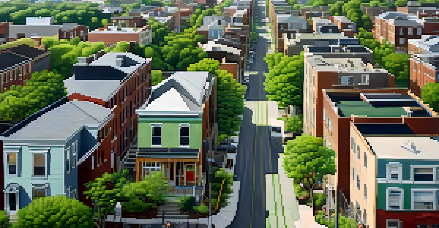 An aerial perspective of a city in transition, showing renovations and community interactions, symbolizing gentrification.