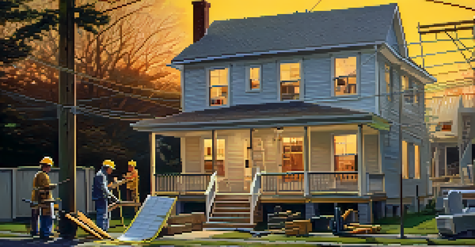 A house being renovated with scaffolding and a sign indicating a home inspection, during sunset.