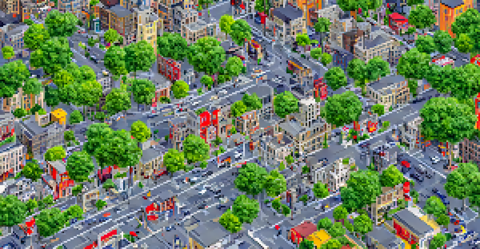 An aerial view of a busy urban center with a mix of buildings, roads, and parks, illustrating dynamic city life.