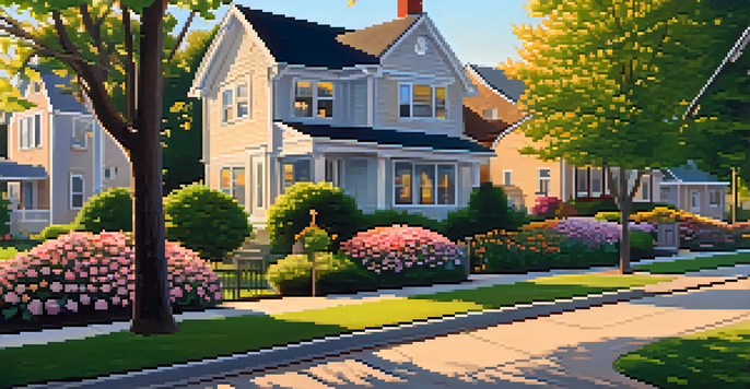 A tranquil suburban neighborhood with diverse houses and blooming gardens during sunrise, illuminated by golden sunlight.