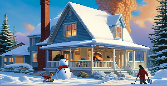 A winter scene with a cozy home, smoke from the chimney, snow-covered ground, and a family shoveling snow with a snowman in the foreground.