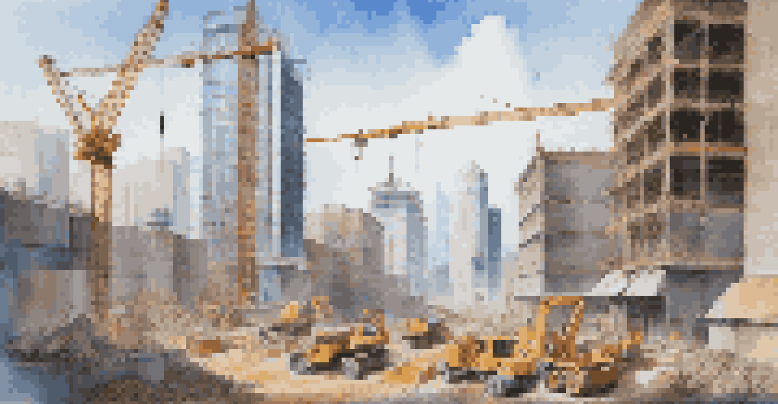 An urban construction site with cranes and workers, and a city skyline in the background.