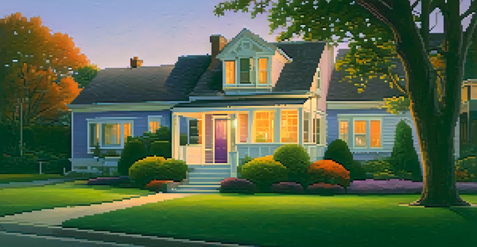 A peaceful suburban street with a cozy house and a beautiful garden during sunset.