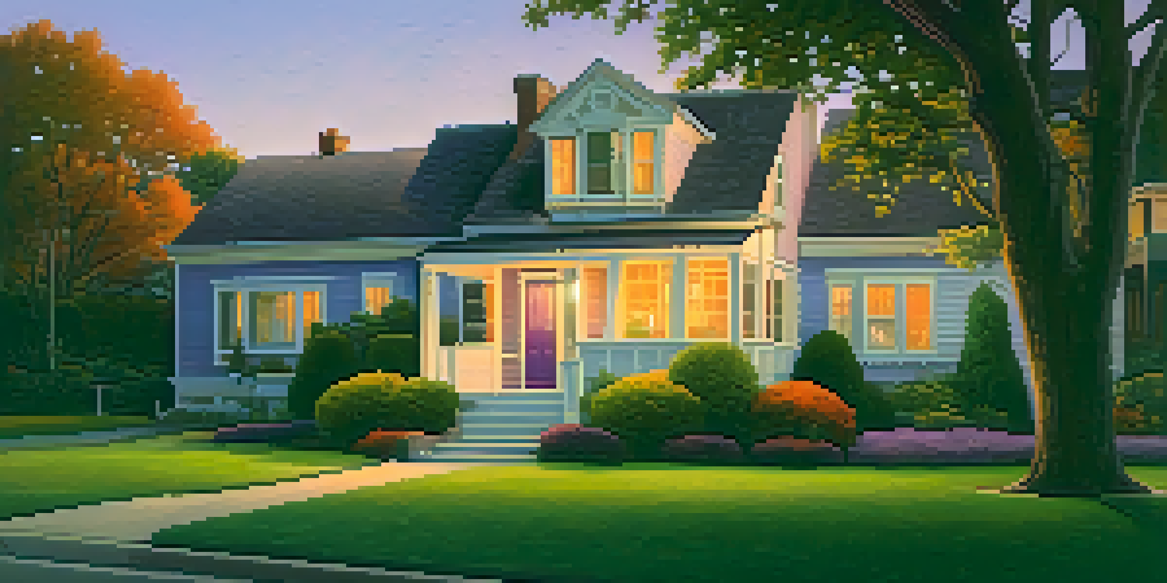 A peaceful suburban street with a cozy house and a beautiful garden during sunset.